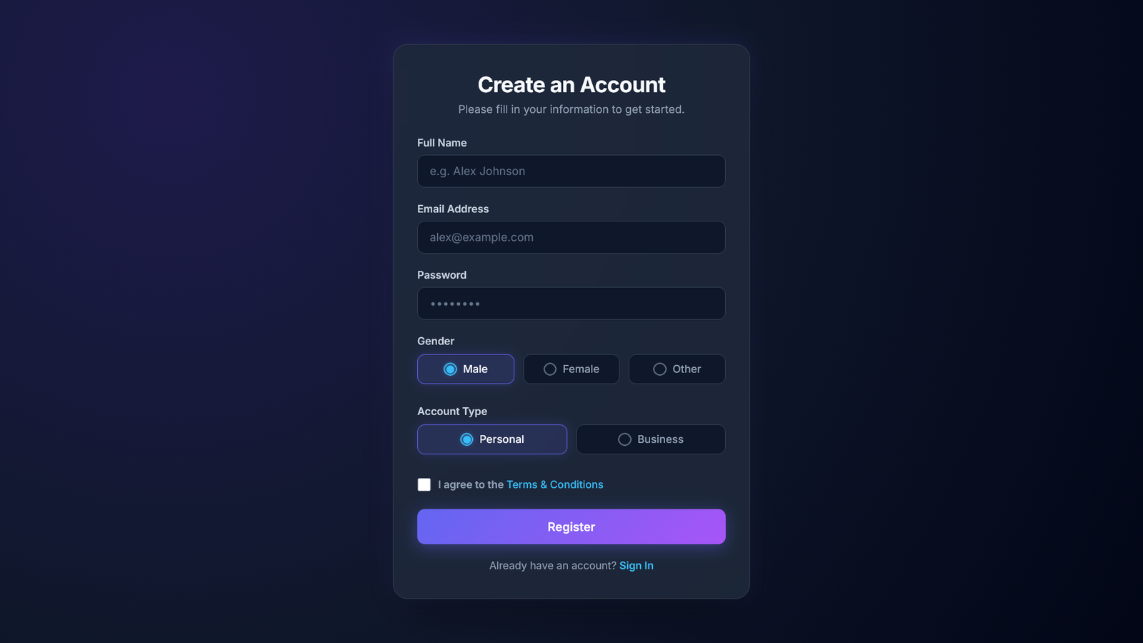 Simple Registration Template with Radio Button - HTML