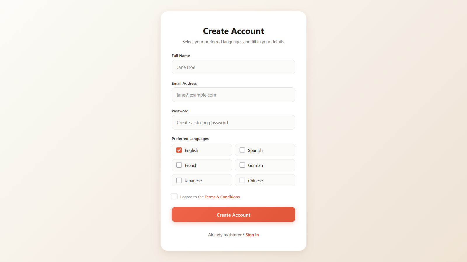Simple Registration Template with Checkbox - HTML