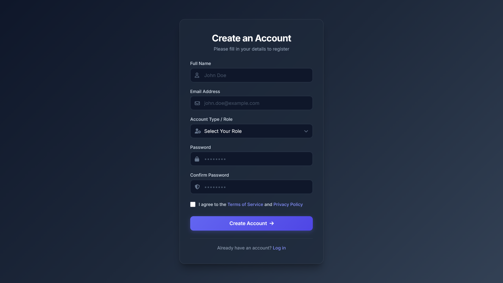 Simple Registration Template with Dropdown - HTML