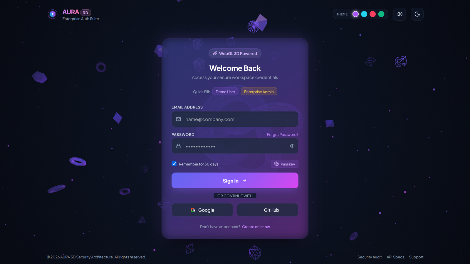 AURA 3D — Ultra-Premium WebGL 3D Login & Registration Template