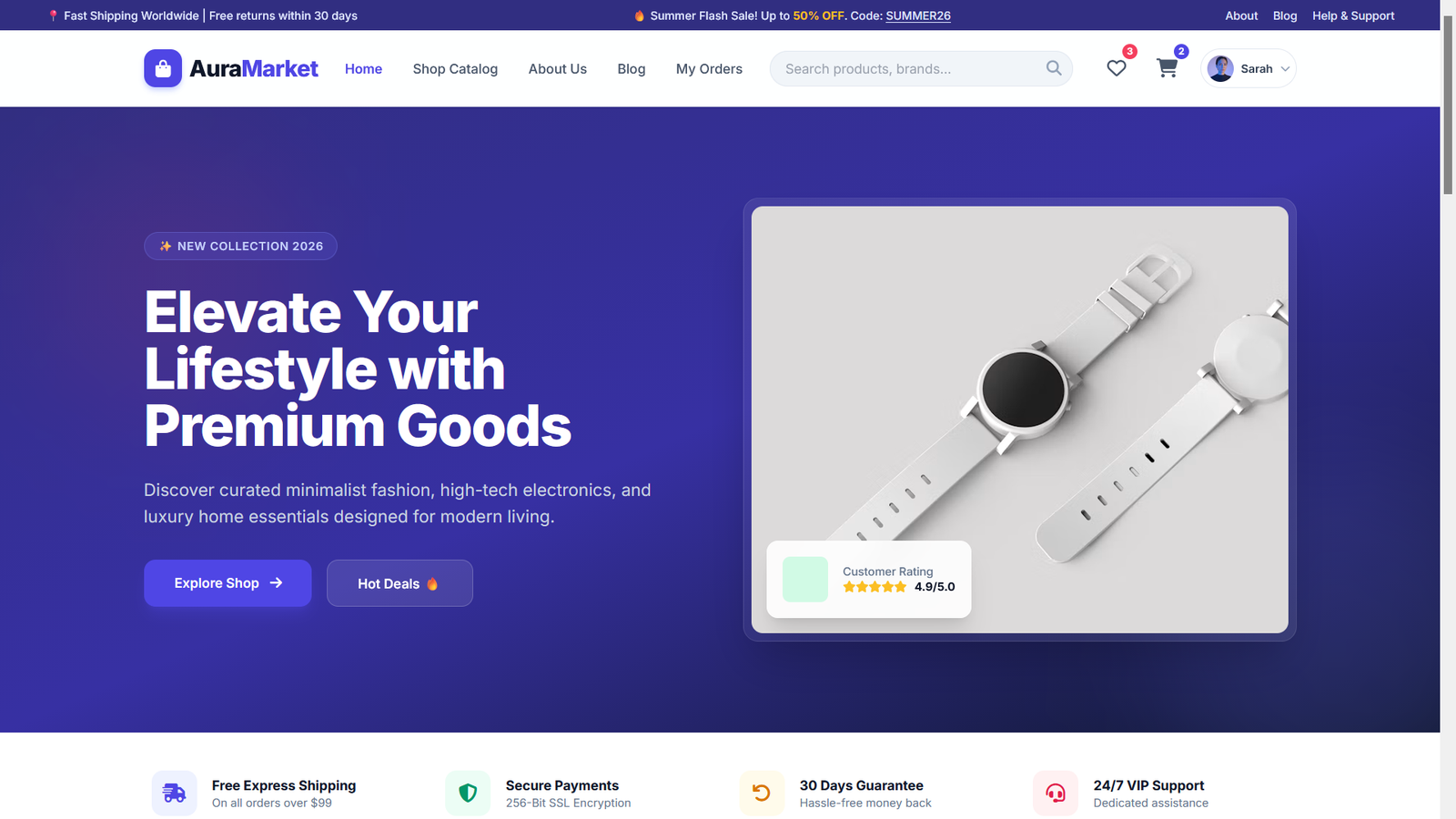 AuraMarket — Ultra-Modern 12-Page E-Commerce HTML5 & Tailwind Template