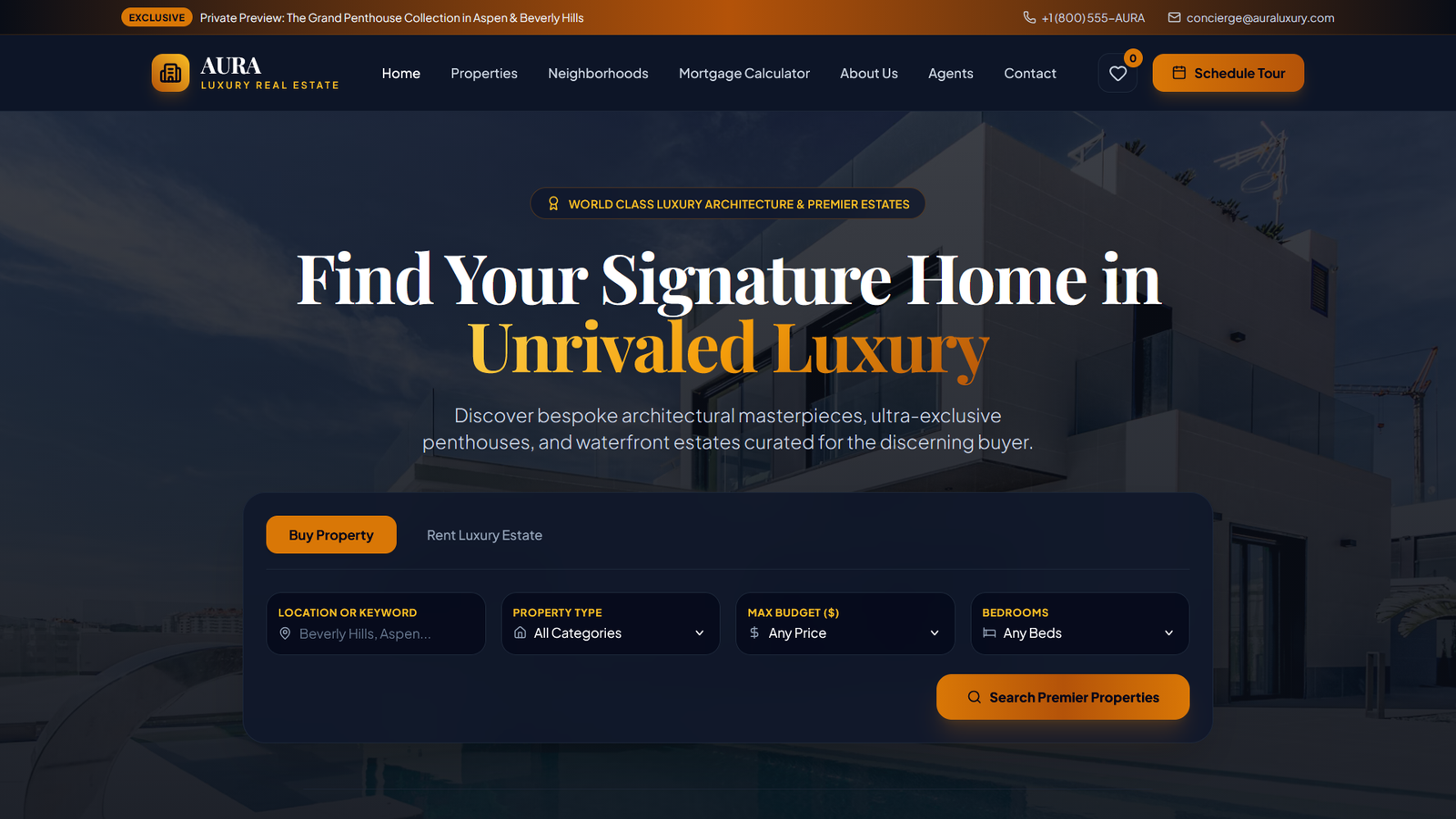 AURA — Ultra Luxury Real Estate & Villa Single-Page HTML5 Template (Recommended)