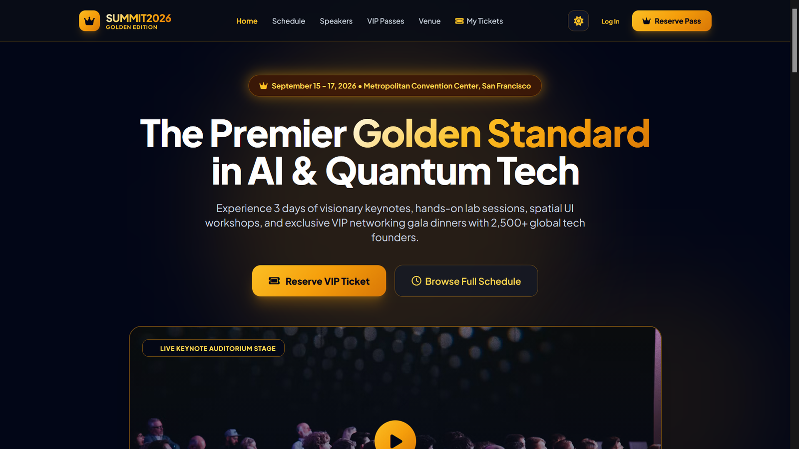 AuraGold — Luxury Event & Conference HTML5 Template with Interactive Seat Picker
