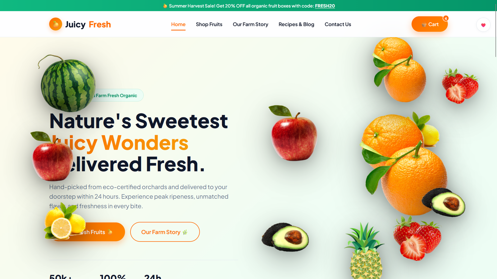 JuicyFresh — Modern Organic Fruit & Grocery eCommerce Template with Interactive 3D Scroll Animations