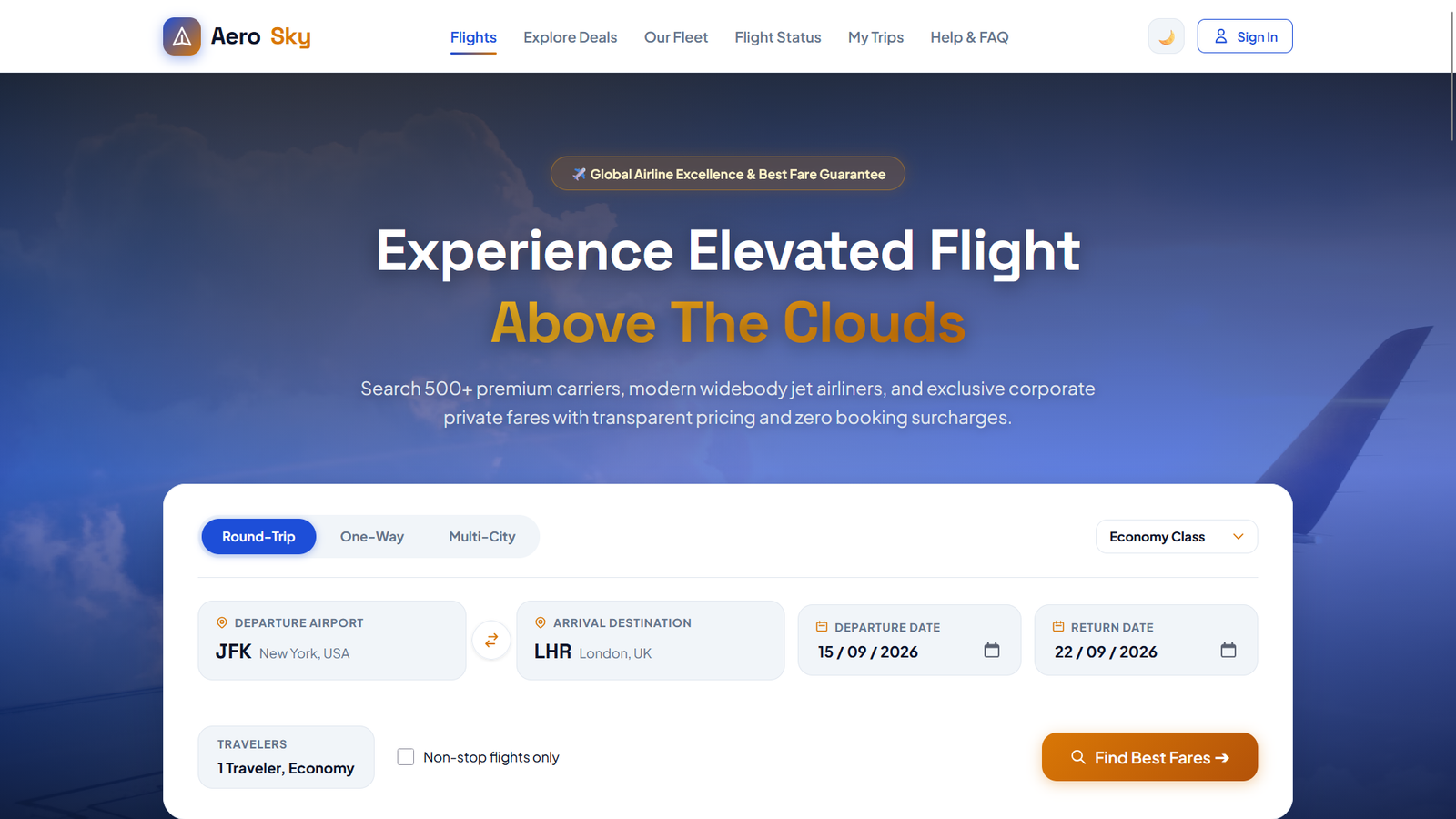 AeroSky – Flight Ticket Booking & Airline Reservation HTML5 Template (10 Pages + Dark Mode)