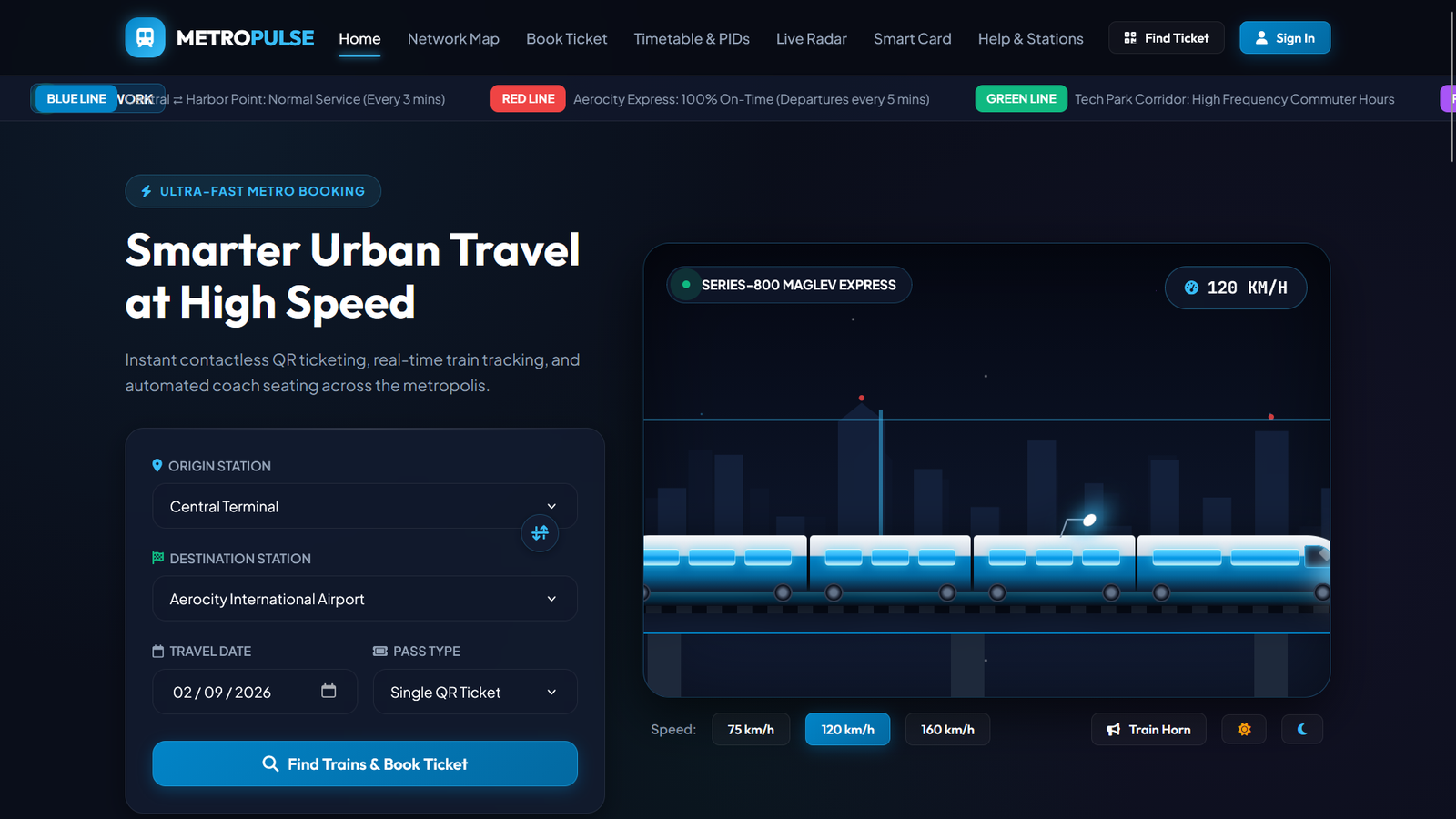 MetroPulse – Next-Gen Metro & Train Ticket Booking HTML5 Template with Live Train Animations