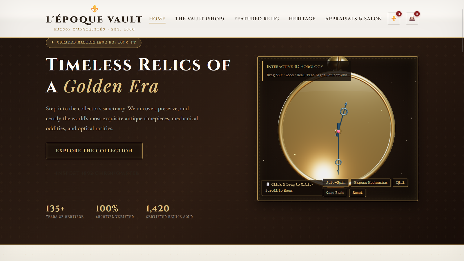 L’Époque Vault — Luxury Vintage & Antique E-Commerce HTML Template with Interactive 3D WebGL