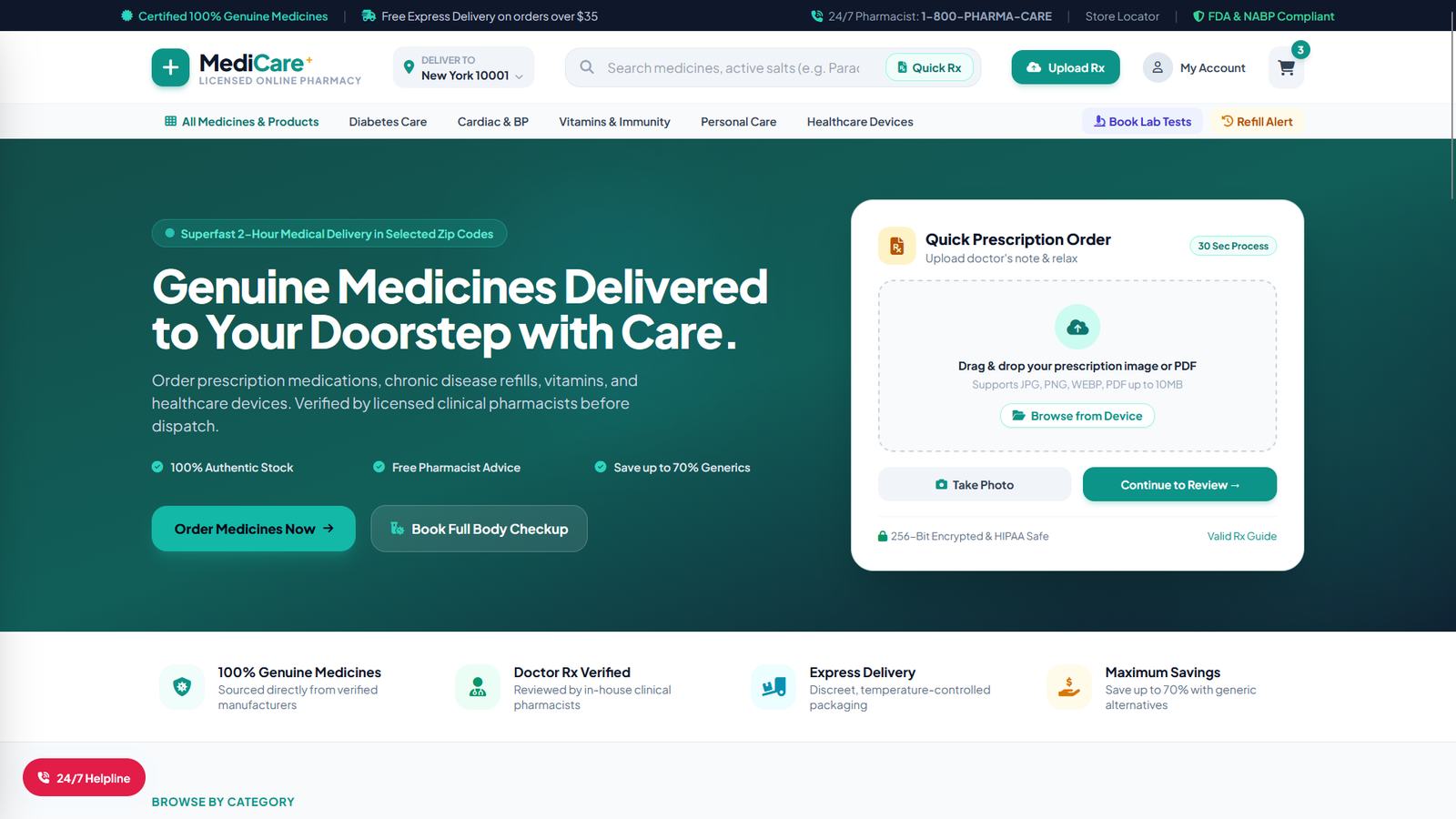 MediCare+ – Online Pharmacy & Medical Store HTML5 Template (Rx Upload, Lab Tests & Generic Switcher)
